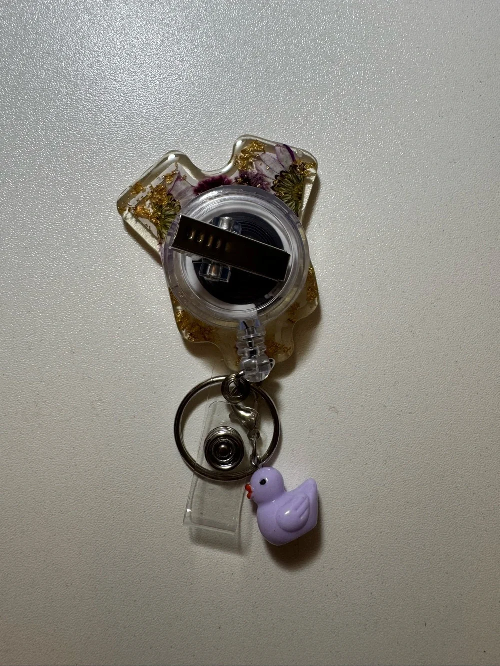 Handmade Purple Floral Resin Keychain with Duck Charm